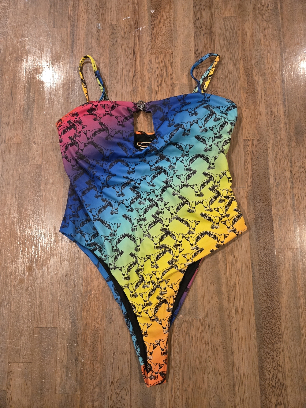 Kurt Geiger Rainbow Gradient One-Piece Swimsuit with Black Bird Print